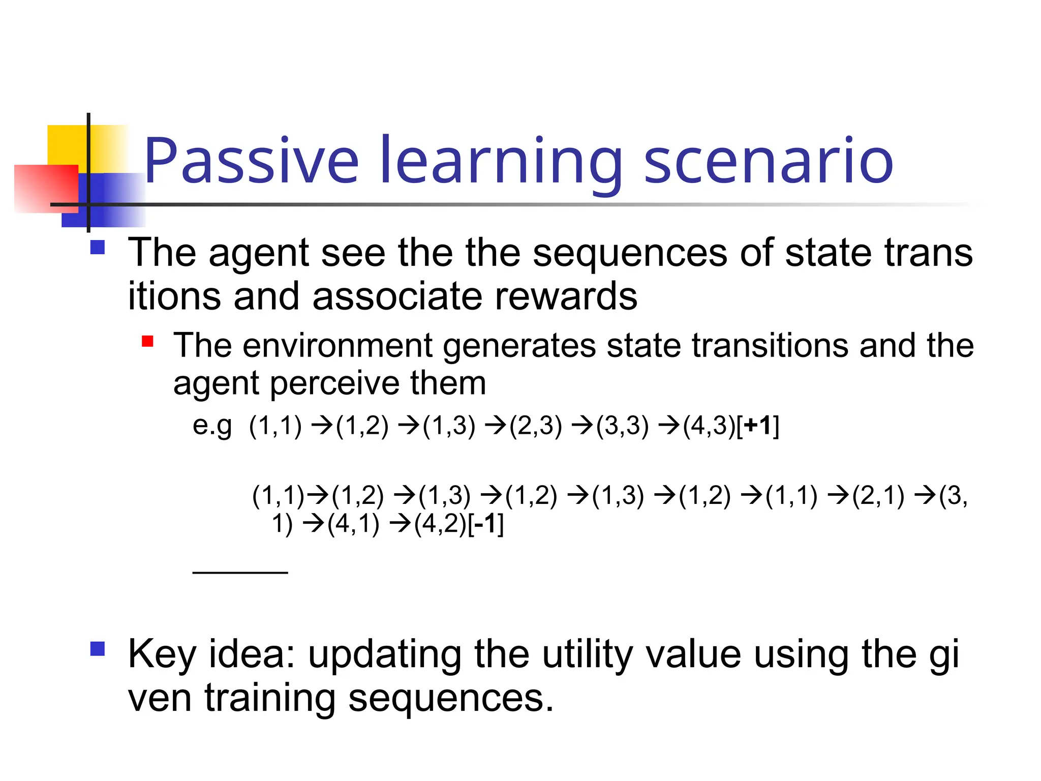 Passive learning scenario
 The agent see the the sequences of state trans
itions and associate rewards
 The environment generates state transitions and the
agent perceive them
e.g (1,1) (1,2) (1,3) (2,3) (3,3) (4,3)[+1]
(1,1)(1,2) (1,3) (1,2) (1,3) (1,2) (1,1) (2,1) (3,
1) (4,1) (4,2)[-1]
 Key idea: updating the utility value using the gi
ven training sequences.
 