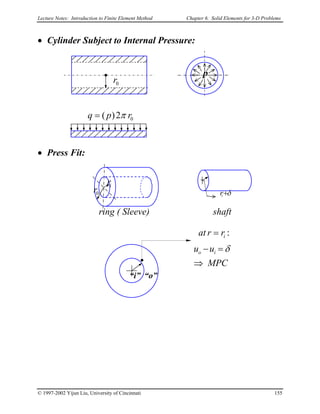 Lecture Notes: Introduction to Finite Element Method Chapter 6. Solid Elements for 3-D Problems
• Cylinder Subject to Internal Pressure:
0r
02)( rpq π=
p
• Press Fit:
ring ( Sleeve) shaft
0r
ir
δ+ir
MPC
uu io
⇒
=− δ
:irrat =
“i” “o”
© 1997-2002 Yijun Liu, University of Cincinnati 155
 