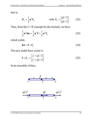 Lecture Notes: Introduction to Finite Element Method Chapter 2. Bar and Beam Elements
that is,
W (22)
qL
qLq
T
q q= =






1
2
2
2
u f fwith
/
/
Thus, from the U=W concept for the element, we have
1
2
1
2
1
2
u ku u f u fT T
q= + T
(23)
which yields
ku f f= + q (24)
The new nodal force vector is
f f (25)+ =
+
+






q
i
j
f qL
f qL
/
/
2
2
In an assembly of bars,
1 3
q
qL/2
1 3
qL/2
2
2
qL
© 1997-2002 Yijun Liu, University of Cincinnati 39
 