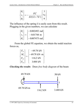 Lecture Notes: Introduction to Finite Element Method Chapter 2. Bar and Beam Elements
θ
θ
2
3
3
2
12 7
3
7
9
v
PL
EI k
L








= −
+









( ')


The influence of the spring k is easily seen from this result.
Plugging in the given numbers, we can calculate
θ
θ
2
3
3
0 002492
0 01744
0 007475
v








=
−
−
−










.
.
.
rad
m
rad


From the global FE equation, we obtain the nodal reaction
forces as,


F
M
F
F
Y
Y
Y
1
1
2
4
69 78
69 78
116 2
3488












=
−
− ⋅














.
.
.
.
kN
kN m
kN
kN
Checking the results: Draw free body diagram of the beam
1 2
50 kN
3
3.488 kN116.2 kN
69.78 kN
69.78 kN⋅m
© 1997-2002 Yijun Liu, University of Cincinnati 67
 