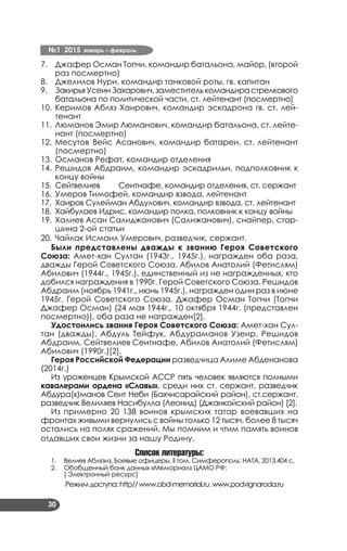 №1 2015 январь – февраль
30
Джафер Осман Топчи, командир батальона, майор, (второй7.	
раз посмертно)
Джелилов Нури, командир танковой роты, гв. капитан8.	
Закирья Усеин Захарович, заместитель командира стрелкового9.	
батальона по политической части, ст. лейтенант (посмертно)
Керимов Абляз Хаирович, командир эскадрона гв. ст. лей­10.	
тенант
Люманов Эмир Люманович, командир батальона, ст. лейте­11.	
нант (посмертно)
Месутов	 Вейс Асанович, командир батареи, ст. лейтенант12.	
(посмертно)
Османов Рефат, командир отделения13.	
Решидов Абдраим, командир эскадрильи, подполковник к14.	
концу войны
Сейтвелиев	 Сеитнафе, командир отделения, ст. сержант15.	
Умеров Тимофей, командир взвода, лейтенант16.	
Хаиров Сулейман Абдулович, командир взвода, ст. лейтенант17.	
Хайбулаев Идрис, командир полка, полковник к концу войны18.	
Халиев Асан Салиджанович (Салижанович), снайпер, стар­19.	
шина 2-ой статьи
Чайлак Исмаил Умерович, разведчик, сержант.20.	
Были представлены дважды к званию Героя Советского
Союза: Амет-хан Султан (1943г., 1945г.), награжден оба раза,
дважды Герой Советского Союза. Абилов Анатолий (Фетислям)
Абилович (1944г., 1945г.), единственный из не награжденных, кто
добился награждения в 1990г. Герой Советского Союза. Решидов
Абдраим (ноябрь 1941г., июнь 1945г.), награжден один раз в июне
1945г. Герой Советского Союза. Джафер Осман Топчи (Топчи
Джафер Осман) (24 мая 1944г., 10 октября 1944г. (представлен
посмертно)), оба раза не награжден[2].
Удостоились звания Героя Советского Союза: Амет-хан Сул­
тан (дважды), Абдуль Тейфук, Абдураманов Узеир, Решидов
Абдраим, Сейтвелиев Сеитнафе, Абилов Анатолий (Фетислям)
Абилович (1990г.)[2],
Героя Российской Федерации разведчица Алиме Абденанова
(2014г.)
Из уроженцев Крымской АССР пять человек являются полными
кавалерами ордена «Славы», среди них ст. сержант, разведчик
Абдура(х)манов Сеит Неби (Бахчисарайский район), ст.сержант,
разведчик Велиляев Насибулла (Леонид) (Джанкойский район) [2].
Из примерно 20 138 воинов крымских татар воевавших на
фронтах живыми вернулись с войны только 12 тысяч, более 8 тысяч
остались на полях сражений. Мы помним и чтим память воинов
отдавших свои жизни за нашу Родину.
Список литературы:
Велиев Аблязиз. Боевые офицеры. II том. Симферополь: НАТА, 2013.404 с.1.	
Обобщенный банк данных «Мемориал» ЦАМО РФ: 			2.	
[ Электронный ресурс]
Режим доступа: http// www.obd-memorial.ru. www.podvignaroda.ru
 
