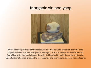 Inorganic yin and yang 
These erosion products of the Jacobsville Sandstone were collected from the Lake 
Superior shore north of Marquette, Michigan. The iron makes the sandstone red 
(yang) but with chemical change the color is bleached to yield the white spots (yin). 
Upon further chemical change the yin expands and the yang is expressed as red spots. 
 