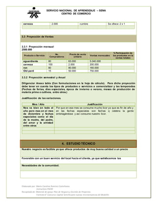 SERVICIO NACIONAL DE APRENDIZAJE – SENA 
CENTRO DE COMERCIO 
cerveza 2.000 cumbre Se ofrece 2 x 1 
3.3 Proyección de Ventas 
3.3.1 Proyección mensual 
2500.000 
Producto o Servicio 
No. 
Compradores 
Precio de venta 
Elaborado por: María Carolina Ramírez Castellanos 
Instructora PAEM 
unitario 
Ventas mensuales 
Recopilado de: Material de apoyo Plan de Negocio y Gestión de Proyectos. 
Formato 6° Concurso Capital Semilla para nuevas microempresas de Medellín 
% Participación de 
los productos en la 
ventas totales 
aguardiente 80 63.000 5.040.000 
cerveza 100 2.000 200.000 
ron 80 80.000 160.000 
Old pard 15 50.000 750.000 
3.3.2 Proyección semestral y Anual 
Diligenciar Anexo tabla (Con formulaciones en la hoja de cálculo). Para dicha proyección 
debe tener en cuenta los tipos de productos o servicios a comercializar y las temporadas 
(Fechas de ferias, días especiales, época de invierno o verano, meses de producción de 
materia prima o cultivos, entre otros.) 
Justificación de las variaciones. 
Mes / Año Justificación 
Nos va bien en todo el 
año pero mas en el mes 
de diciembre y fechas 
especiales como el día 
de la madre, del padre, 
del amor y la amistad 
entre otros 
Por que en ese mes se consume mucho licor ya que es fin de año y 
en las fechas especiales son fechas q celebra la gente 
embriagándose y así consume nuestro licor. 
4. ESTUDIO TÉCNICO 
Nuestro negocio es factible ya que ofrece productos de muy buena calidad a un precio 
Favorable con un buen servicio del local hacia el cliente, ya que satisfacemos las 
Necesidades de la comunidad. 
 