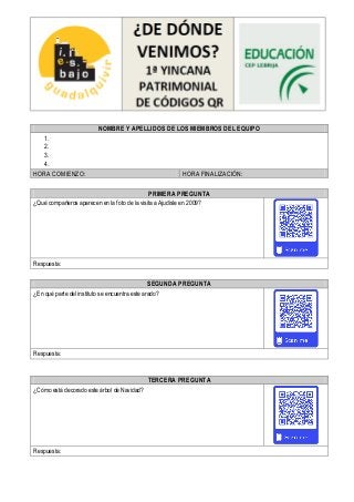 NOMBRE Y APELLIDOS DE LOS MIEMBROS DEL EQUIPO
1.
2.
3.
4.
HORA COMIENZO: HORA FINALIZACIÓN:
PRIMERA PREGUNTA
¿Qué compañer...