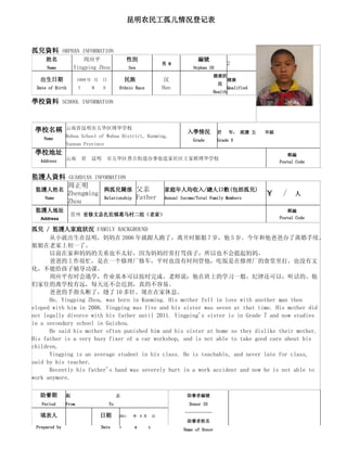 昆明农民工孤儿情况登记表



孤兒資料 ORPHAN INFORMATION
     姓名                周应平                         性別                                 編號
                                                                        男 M                              2
     Name          Yingping Zhou                   Sex                              Orphan ID
                                                                                                健康狀
  出生日期                1999 年 月     日            民族                       汉                               健康
                                                                                                  況
 Date of Birth        Y       M    D        Ethnic Race                 Han                              Qualified
                                                                                                Health

學校資料 SCHOOL INFORMATION



 學校名稱          云南省昆明市五华区博华学校
                                                                                  入學情況           於       年， 就讀 五     年級
    Name       Bohua School of Wuhua District, Kunming,
                                                                                    Grade        Grade 5
               Yunnan Province
 學校地址                                                                                                                         郵編
  Address      云南         省   昆明       市五华区普吉街道办事处连家社区王家桥博华学校
                                                                                                                          Postal Code


監護人資料 GUARDIAN INFORMATION
        周正明
 監護人姓名            與孤兒關係 父亲                                              家庭年人均收入/總人口數(包括孤兒)
        Zhengming                                                                                                    ￥     /　人
   Name           Relationship Father                                   Annual Income/Total Family Members
        Zhou
 監護人地址                                                                                                                        郵編
                 贵州 省修文县扎佐镇葛马村二组（老家）
  Address                                                                                                                 Postal Code

孤兒 / 監護人家庭狀況 FAMILY BACKGROUND
      从小就出生在昆明，妈妈在 2006 年就跟人跑了，离开时姐姐 7 岁，他 5 岁。今年和他爸爸办了离婚手续。
姐姐在老家上初一了。
      以前在家和妈妈的关系也不太好，因为妈妈经常打骂孩子，所以也不会提起妈妈。
      爸爸的工作很忙，是在一个修理厂修车，平时也没有时间管他，吃饭是在修理厂的食堂里打，也没有文
化，不能给孩子辅导功课。
      周应平有时会逃学，作业基本可以按时完成。老师说：他在班上的学习一般，纪律还可以，听话的。他
们家住的离学校有远，每天还不会迟到，真的不容易。
      爸爸的手指头断了，缝了 10 多针。现在在家休息。
      He, Yingping Zhou, was born in Kunming. His mother fell in love with another man then
eloped with him in 2006. Yingping was five and his sister was seven at that time. His mother did
not legally divorce with his father until 2011. Yingping's sister is in Grade 7 and now studies
in a secondary school in Guizhou.
      He said his mother often punished him and his sister at home so they dislike their mother.
His father is a very busy fixer of a car workshop, and is not able to take good care about his
children.
      Yingping is an average student in his class. He is teachable, and never late for class,
said by his teacher.
      Recently his father's hand was severely hurt in a work accident and now he is not able to
work anymore.

  助養期          起                            止                                     助養者編號
   Period      From                    To                                          Donor ID
                                                                                 ------------
  填表人                             日期        2011    年    9 月       21
                                                                                  助養者姓名
 Prepared by                      Date      Y        M         D
                                                                                Name of Donor
 