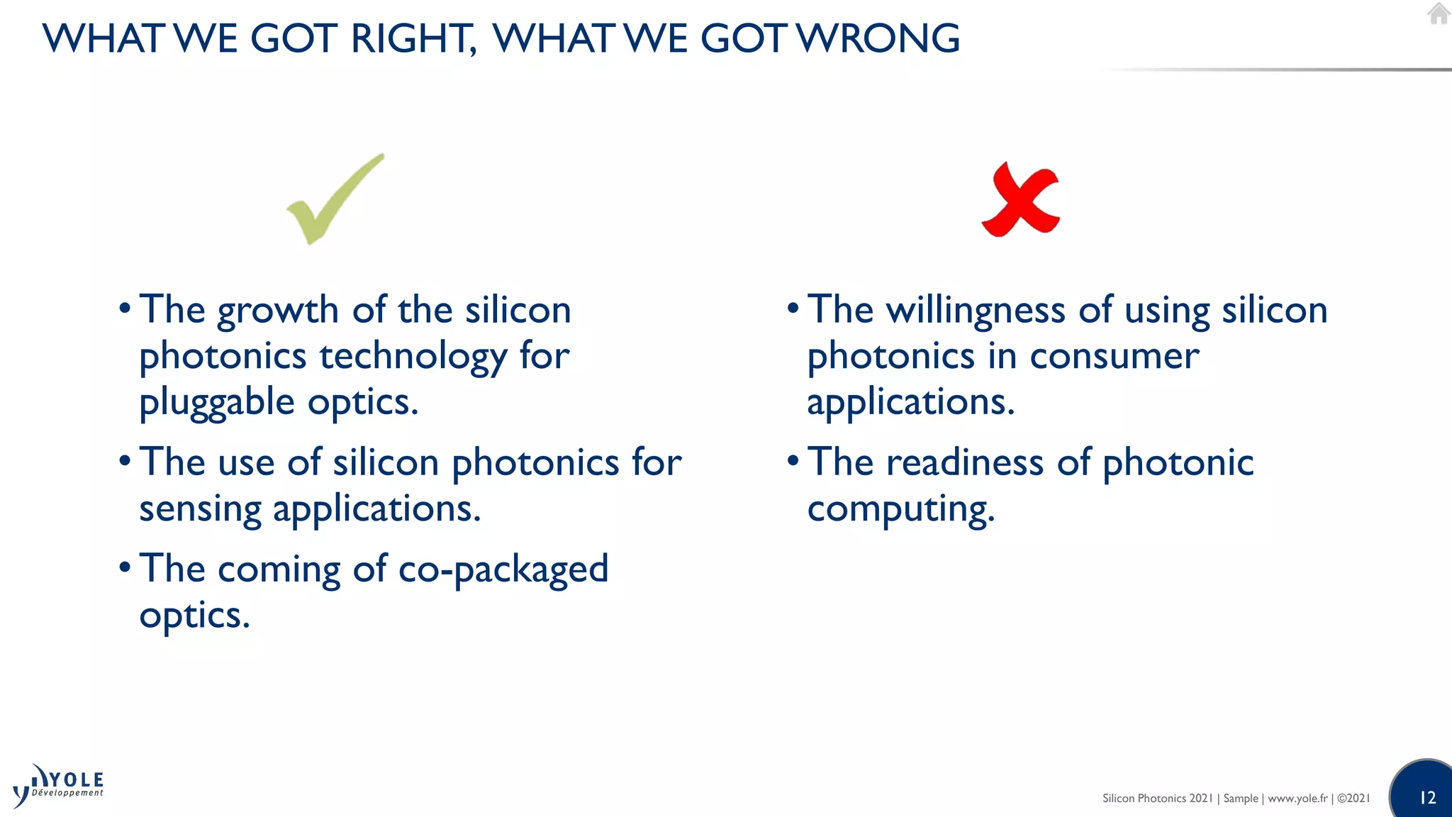12
12
• The growth of the silicon
photonics technology for
pluggable optics.
• The use of silicon photonics for
sensing applications.
• The coming of co-packaged
optics.
• The willingness of using silicon
photonics in consumer
applications.
• The readiness of photonic
computing.
WHATWE GOT RIGHT, WHATWE GOT WRONG
Silicon Photonics 2021 | Sample | www.yole.fr | ©2021
 
