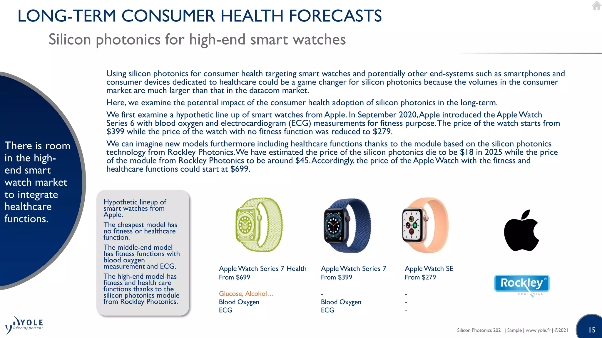 15
LONG-TERM CONSUMER HEALTH FORECASTS
Silicon photonics for high-end smart watches
There is room
in the high-
end smart
watch market
to integrate
healthcare
functions.
Silicon Photonics 2021 | Sample | www.yole.fr | ©2021
Using silicon photonics for consumer health targeting smart watches and potentially other end-systems such as smartphones and
consumer devices dedicated to healthcare could be a game changer for silicon photonics because the volumes in the consumer
market are much larger than that in the datacom market.
Here, we examine the potential impact of the consumer health adoption of silicon photonics in the long-term.
We first examine a hypothetic line up of smart watches from Apple. In September 2020,Apple introduced the AppleWatch
Series 6 with blood oxygen and electrocardiogram (ECG) measurements for fitness purpose.The price of the watch starts from
$399 while the price of the watch with no fitness function was reduced to $279.
We can imagine new models furthermore including healthcare functions thanks to the module based on the silicon photonics
technology from Rockley Photonics.We have estimated the price of the silicon photonics die to be $18 in 2025 while the price
of the module from Rockley Photonics to be around $45.Accordingly, the price of the AppleWatch with the fitness and
healthcare functions could start at $699.
Apple Watch Series 7
From $399
-
Blood Oxygen
ECG
Apple Watch SE
From $279
-
-
-
Apple Watch Series 7 Health
From $699
Glucose, Alcohol…
Blood Oxygen
ECG
Hypothetic lineup of
smart watches from
Apple.
The cheapest model has
no fitness or healthcare
function.
The middle-end model
has fitness functions with
blood oxygen
measurement and ECG.
The high-end model has
fitness and health care
functions thanks to the
silicon photonics module
from Rockley Photonics.
 