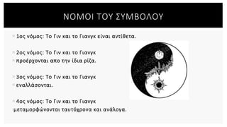  1ος νόμος: Το Γιν και το Γιανγκ είναι αντίθετα.
 2ος νόμος: Το Γιν και το Γιανγκ
 προέρχονται απο την ίδια ρίζα.
 3ος νόμος: Το Γιν και το Γιανγκ
 εναλλάσονται.
 4ος νόμος: Το Γιν και το Γιανγκ
μεταμορφώνονται ταυτόχρονα και ανάλογα.
ΝΟΜΟΙ ΤΟΥ ΣΥΜΒΟΛΟΥ
 