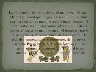 Las 5 energías cósmicas básicas (Agua, Fuego, Metal,
Madera y Tierra) que, según la visión filosófica china,
 rigen la vida que se manifiesta en el macrocosmos (el
  universo) y en el microcosmos (el hombre). Estas 5
fuerzas cósmicas se manifiestan en el hombre a través
  de los órganos, de los sentidos, de los colores de la
  piel, del temperamento o psiquismo, de los gustos,
    etcétera. Por ejemplo, la Madera corresponde al
     hígado, el Agua a los riñones, la Tierra al bazo-
     páncreas, el Metal a los pulmones y el Fuego al
                         corazón.
 
