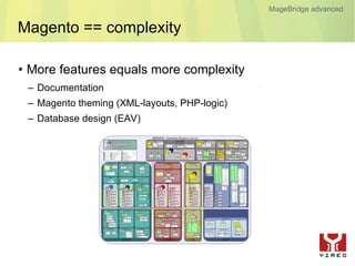 MageBridge advanced

Magento == complexity

• More features equals more complexity
 – Documentation
 – Magento theming (XML-layouts, PHP-logic)
 – Database design (EAV)
 