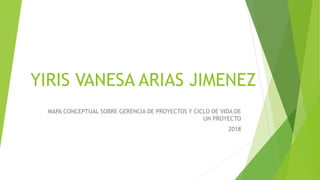 YIRIS VANESA ARIAS JIMENEZ
MAPA CONCEPTUAL SOBRE GERENCIA DE PROYECTOS Y CICLO DE VIDA DE
UN PROYECTO
2018
 