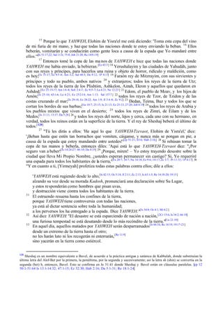 15

Porque lo que YAHWEH, Elohim de Yisra'el me está diciendo: 'Toma esta copa del vino
de mi furia de mi mano, y haz que todas las naciones donde te estoy enviando la beban. 16 Ellos
beberán, vomitarán y se conducirán como gente loca a causa de la espada que Yo mandaré entre
ellos.'"[Is 51:17,22; Sal 11:6; 75:8; Job 21:20; Re 14:9-19]
17
Entonces tomé la copa de las ma nos de YAHWEH e hice que todas las naciones donde
YAHWEH me había enviado, la bebieran. [Ez 43:3] 18 Yerushalayim y las ciudades de Yahudáh, junto
con sus reyes y príncipes, para hacerlos una ruina y objeto de horror, ridículo y maldición, como
es hoy;[Is 51:17; Ez 9:5 -8; Am 3:2; Sal 60:3; Da 9:12; 1P 4:17] 19 Faraón rey de Mitzrayim, con sus sirvientes y
príncipes y todo su pueblo, ambos nativos 20 y extranjeros; todos los reyes de la tierra de Utz;
todos los reyes de la tierra de los Plishtim, Ashkelon, Azzah, Ekron y aquellos que quedaron en
Ashdod;[Ez 25:15-17; Am 1:6 -8; Sof; 2:4 -7; Zc 9::5 -7; La 4:21; Ne 12:23 ] 21 Edom, el pueblo de Moav, y los hijos de
Amón;[Is 25:10; 63:1-6; La 4:21; Ez 25:2-14; Am 1:13; Sal 137:7 ] 22 todos los reyes de Tzor, de Tzidon y de las
costas cruzando el mar;[Is 29:18; Ez 28:22; Am 1:9; Jl 3:4 -8; Zc 9:2] 23 Dedan, Teima, Buz y todos los que se
cortan los bordes de sus barbas;[Ge 10:7; 25:15; Is 21:13; Ez 25:13; 27:20; Job 6:19] 24 todos los reyes de Arabia y
los pueblos mixtos que viven en el desierto; 25 todos los reyes de Zimri, de Eilam y de los
Medos;[Is 11:11; 13:17; Da 5:28] 26 y todos los reyes del norte, lejos y cerca, cada uno con su hermano, en
verdad, todos los reinos están en la superficie de la tierra. Y el rey de Sheshaj beberá el último de
todos.[120]
27
"Tú les dirás a ellos: 'He aquí lo que YAHWEH-Tzevaot, Elohim de Yisra'el,' dice:
'¡Beban hasta que estén tan borrachos que vomiten, cáiganse, y nunca más se pongan en pie, a
causa de la espada que estoy mandando entre ustedes!'[cp 51:21; 63:6; Hab 2:16;] 28 Si rehúsan tomar la
copa de tus manos y beberla, entonces diles: 'Aquí está lo que YAHWEH-Tzevaot dice: "¡Por
seguro van a beber![Is 14:24-27; 46:10; Da 4:35] 29 ¡Porque, miren! – Yo estoy trayendo desastre sobre la
ciudad que lleva Mi Propio Nombre, ¿ustedes esperan permanecer sin castigo? Sí, Yo requeriré
una espada para todos los habitantes de la tierra,'[Ex 20:7; 34:7; Nu 14:18; Ez 9:6; 14:17; Zc 3:7; Pr 11:31; 1P 4:17] 30
"Y en cuanto a ti, [Yirmeyah] profetiza todas estas palabras contra ellos; dile a ellos:

31

32
33

120

'YAHWEH está rugiendo desde lo alto,[Is 42:13; Os 5:14; Jl 2:11; Zc 2:13; Is 63:1-3; Re 14:18-20; 19:15]
alzando su voz desde su morada Kadosh, pronunciará una declaración sobre Su Lugar,
y estos re sponderán como hombres que pisan uvas,
y destrucción viene contra todos los habitantes de la tierra.
El estruendo resuena hasta los confines de la tierra,
porque YAHWEH tiene controversia con todas las naciones,
ya está al dictar sentencia sobre toda la humanidad;
a los perversos los ha entregado a la espada. Dice YAHWEH."[Is 34:8; Os 4:1; Mi 6:2 ]
Así dice YAHWEH: "El desastre se está esparciendo de nación a nación, [2Cr 15:6; Is 34:2; 66:18]
una furiosa tempestad se está desatando desde lo más recóndito de la tierra."[Lu 21:10]
En aquel día, aquellos matados por YAHWEH serán desparramados[Is 66:16; Re 14:19; 19:17-21]
desde un extremo de la tierra hasta el otro;
no les harán luto ni los recogerán ni enterrarán, [Re 11:9]
sino yacerán en la tierra como estiércol.

Sheshaj es un nombre equivalente a Bavel, de acuerdo a la práctica antigua y satánica de Kabbalah, donde substituían la
última letra del Alef-Bet por la primera, la penúltima, por la segunda y sucesivamente; así la letra sh (shin) se convertía en la
segunda (bet) b, entonces, Bavel. Esto se confirma en Je 51:41 donde Sheshaj y Bavel están en cláusulas paralelas. [cp 12
50:1-51:64 Is 13:1-14:32; 47:1-15; Ez 32:30; Hab 2:16; Da 5:1-31; Re 18:1-24]

 