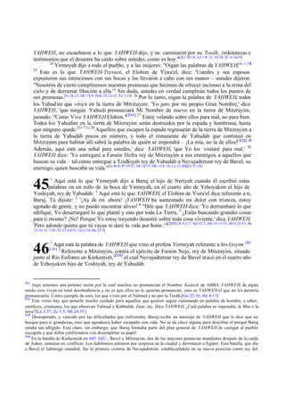 YAHWEH, no escucharon a lo que YAHWEH dijo, y no caminaron por su Toráh, ordenanzas e
testimonios que el desastre ha caído sobre ustedes, como es hoy."[2Cr 36:16; La 1:8; 1C 10:20; 2C 6:16-18]
24
Yirmeyah dijo a todo el pueblo, y a las mujeres: "Oigan las palabras de YAHWEH,[Is 1:10]
25
Esto es lo que YAHWEH-Tzevaot, el Elohim de Yisra'el, dice: 'Ustedes y sus esposas
expusieron sus intenciones con sus bocas y las llevaron a cabo con sus manos – ustedes dijeron:
"Nosotros de cierto cumpliremos nuestras promesas que hicimos de ofrecer incienso a la reina del
cielo y de derramar libación a ella.'" Sin duda, ustedes en verdad cumplirán todos los puntos de
sus promesas.[Is 28:15; Mt 14:9; Hch 23:12-15; Ya 1:14] 26 Por lo tanto, oigan la palabra de YAHWEH, todos
los Yahud im que vive n en la tierra de Mitzrayim: 'Yo juro por mi propio Gran Nombre,' dice
YAHWEH, 'que ningún Yahudi pronunciará Mi Nombre de nuevo en la tierra de Mitzrayim,
jurando: "Como Vive YAHWEH Elohim."[ 211] 27 Estoy velando sobre ellos para mal, no para bien.
Todos los Yahudim en la tierra de Mitzrayim serán destruidos por la espada y hambruna, hasta
que ninguno quede.[Ez 7:5 ] 28 Aquellos que escapen la espada regresarán de la tierra de Mitzrayim a
la tierra de Yahudáh pocos en número, y todo el remanente de Yahudáh que continuó en
Mitzrayim para habitar allí sabrá la palabra de quién se impondrá – ¡La mía, no la de ellos![ 212] 29
Además, aquí está una señal para ustedes,' dice YAHWEH, 'que Yo los visitaré para mal.' 30
YAHWEH dice: 'Yo entregaré a Faraón Hofra rey de Mitzrayim a sus enemigos, a aquellos que
buscan su vida – tal como entregué a Tzidkiyah rey de Yahudáh a Nevujadretzar rey de Bavel, su
enemigo, quien buscaba su vida.'"[Is 40:8; Pr 19:21; Mt 24:15; Mr 13:4-16; Lu 21:20][Ez 31:18]

45

1

Aquí está lo que Yirmeyah dijo a Baruj el hijo de Neriyah cuando él escribió estas
palabras en un rollo de la boca de Yirmeyah, en el cuarto año de Yehoyakim el hijo de
Yoshiyah, rey de Yahudáh: 2 Aquí está lo que YAHWEH, el Elohim de Yisra'el dice referente a ti,
Baruj. Tú dijiste: 3 '¡Ay de mí ahora! ¡YAHWEH ha aumentado mi dolor con tristeza, estoy
agotado de gemir, y no puedo encontrar alivio! 4 "Dile que YAHWEH dice: 'Yo derrumbaré lo que
edifiqué, Yo desarraigaré lo que planté y esto por toda La Tierra. 5 ¿Estás buscando grandes cosas
para ti mismo? ¡No! Porque Yo estoy trayendo desastre sobre toda cosa viviente,' dice YAHWEH.
'Pero adonde quiera que tú vayas te daré tu vida por botín .'"[ 213] [Is 5:2-7; Sal 42:7; Job 16:11-13; Mt 6:25-33; Ro
12:16; 1C 7:26-32; 1T 6:6-9; 1Jn 2:16; He 23:5]

Aquí está la palabra de YAHWEH que vino al profeta Yirmeyah referente a los Goyim.[Ro
Referente a Mitzrayim, contra el ejército de Faraón Nejo, rey de Mitzrayim, situado
junto al Río Eufrates en Karkemish, [214] el cual Nevujadretzar rey de Bavel atacó en el cuarto año
de Yehoyakim hijo de Yoshiyah, rey de Yahudáh.

46

1

3:29] 2

211

Aquí tenemos una potente razón por la cual muchos no pronuncian el Nombre Kadosh de ABBA YAHWEH; de algún
modo esos viven en total desobediencia y no es que ellos no lo quieran pronunciar, sino es YAHWEH el que no les permite
pronunciarlo. Como ejemplo de esto, los que viven por el Talmud y no por la Toráh.[Ge 22:16; He 6:13]
212
Este verso hay que ponerle mucho cuidado para aquellos que quieren seguir caminando en palabra de hombre, a saber,
católicos, cristianos, los que observan Talmud y Kabbalah, Zoar, etc. Dice YAHWEH, ¿Cuál palabra se impondrá, la Mia o la
tuya?[La 3:37; Zc 1:5; Mt 24:35 ]
213
Desesperado, y vencido por las dificultades que enfrentaba, Baruj recibe un mensaje de YAHWEH que le dice que no
busque para sí grandezas, sino que agradezca haber escapado con vida. No se da clave alguna para descifrar el porqué Baruj
estaba tan afligido. Está claro, sin embargo, que Baruj formaba parte del plan general de YAHWEH de castigar al pueblo
escogido y que debía conformarse con desempeñar su papel.
214
En la batalla de Karkemish en 605 AEC., Bavel y Mitzrayim, dos de las mayores potencias mundiales después de la caída
de Ashur, entraron en conflicto. Los babilonios entraron por sorpresa en la ciudad y derrotaron a Egipto. Esta batalla, que dio
a Bavel el liderazgo mundial, fue la primera victoria de Nevujadretzar, estableciéndolo en su nueva posición como rey del

 