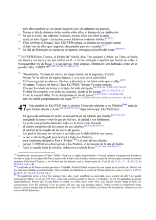 22
23
24

pero ellos también se volvieron, huyeron lejos sin defender sus puestos.
Porque el día de destrucción ha venido sobre ellos, el tiempo de su retribución.
Su voz es como una serpiente siseando, porque ellas van sobre la arena
vendrían sobe Egipto con hachas, como leñadores cortando árboles,[Is 10:15 ]
Ellos derriban su bosque,' dice YAHWEH, porque su número no se puede contar;
sí, hay más de ellos que langostas, demasiados para ser contados.[Is 6:5]
La hija de Mitzrayim es puesta en vergüenza, entregada al pueblo del norte."[ Sal 137:8]

25

YAHWEH- Elohim Tzevaot, el Elohim de Yisra'el, dice: "Yo castigaré a Amón en Tebas, a Faraón,
sus dioses y sus reyes y los que confíen en él, 26 Yo los entregaré a aquellos que buscan sus vidas, a
Nevujadretzar rey de Bavel y a sus siervos. Pero después, Mitzrayim será habitado, como en el
pasado," dice YAHWEH.[Ez 30:14-16; Nah 3:8 -10][Ez 32:11]
27

28

"No obstante, Ya'akov mi siervo, no tengas temor; no te angusties, Yisra'el.
Porque Yo te salvaré de lugares lejanos, y a tu zera de su cautividad.
Ya'akov regresará y estará en Shalom, y dormirás, y no habrá nadie que te aflija.[ 217]
No temas, Ya'akov mi siervo," dice YAHWEH, "porque Yo estoy contigo.
Ella que ha estado sin temor y en lujos, ha sido entregada,[Ge 26:24; Jos 1:5; Is 8:9; 43:2; Sal 46:7]
Yo haré fin completo con todas las naciones, donde te he echado.[Mt 1:23; 28:20; 2T 4:17]
Yo no te causaré fallar, Yo te disciplinaré en vía de juicio,[cp 4:27; 30:11; 1S 12:22; Da 2:3 5]
pero no tendré completamente sin culpa."[Ex 20:7; 34:7; Nu 14:18; Is 41:9; Am 9:8; Zc 10:6; Ro 11:1; Re 3:19]
Esta palabra de YAHWEH vino al profeta Yirmeyah referente a los Plishtim[ 218] antes de
que Faraón atacara a Azah. [Sof 2:4 -7; Zc 9:5-7] 2 "Aquí está lo que YAHWEH dice:

47
3

4

5

217

1

'El agua está subiendo del norte; se convertirá en un torrente que inunda,[cp 1:14; Is 28:17 ]
inundando la tierra y todo lo que en ella hay, la ciudad y sus habitantes.
La gente está gritando alarmada, todos en la tierra están llorando
al sonido estrepitoso de los cascos de sus caballos,[Jue 5:22; Job 39:19 -25]
al estertor de las ruedas de los carros de guerra.
Los padres fracasan en volverse a sus hijos; por la debilidad de sus manos,
es que el día ha llegado para destruir a todos los Plishtim,
para totalmente destruir a Tzor y Tzidon[219] y el resto de sus aliados;
porque YAHWEH está destruyendo a los Plishtim, el remanente de la isla de Kaftor.
Azah es rapada hasta la calvicie, Ashkelon es echada fuera.[Is 15:2; Am 1:6-8; Sof 2:4-7]

Palabras de consuelo para Ya'akov TODO Yisra'el y se repite mencionando a Yisra'el, seremos recogidos por Yahshúa y
,
llevados a Eretz Yisra'el para Shalom. Cuando todo Yisra'el esté reunido, entonces tendrá la fortaleza para destruir los eternos
enemigos Palestinos/Filisteos, y los Árabes que no quieran venir y formar parte de Yisra'el. [Is 11:11; 41:13; 43:1-5; Ez
34:10-14; Am 9:14]
218
Localizada en la llanura costera próxima a Yahudáh, Pleshet/Filistea siempre fue una espina en el costado de Yisra'el. Las
dos naciones peleaban constantemente. Otros profetas que hablaron en contra de Filistea incluyen a estos versos: Is 4.28-32;
Ez 25.15– 17; Am 1.6– 8 y Sof 2.4–7.
219
Nevujadretza r cercó a Tzor/Tiro durante trece años logró establecer su autoridad, pues a partir de ello Tzor quedó
dominada por Bavel. En el año 598 AEC., hubo una rebelión general en Fenicia y Yahudáh, y el rey Nevujadretzar la aplastó
sangrientamente. Puesto que Tzidon/Sidón se rindió, no sufrió tanto como Tzor, que decidió resistir hasta el final. En
consecuencia, Tzor fue destruida (Hoy no queda allí más que una pequeña aldea.) Tzidon recobró su hegemonía sobre
Fenicia, aunque siempre bajo el dominio de Bavel. En el año 351 AEC se rebeló y los Persas la incendiaron, murieron en ella
más de 40.000 habitantes.

 