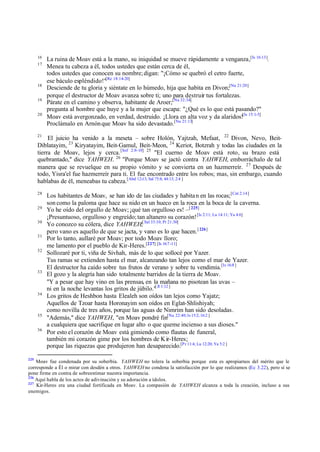16
17

18
19
20

La ruina de Moav está a la mano, su iniquidad se mueve rápidamente a venganza,[Is 16:13].
Menea tu cabeza a él, todos ustedes que están cerca de él,
todos ustedes que conocen su nombre; digan: "¡Cómo se quebró el cetro fuerte,
ese báculo espléndido!"[Re 18:14-20]
Desciende de tu gloria y siéntate en lo húmedo, hija que habita en Divon;[Nu 21:20]
porque el destructor de Moav avanza sobre ti; uno para destruir tus fortalezas.
Párate en el camino y observa, habitante de Aroer;[Nu 32:34]
pregunta al hombre que huye y a la mujer que escapa: "¿Qué es lo que está pasando?"
Moav está avergonzado, en verdad, destruido. ¡Llora en alta voz y da alaridos![Is 15:1-5]
Proclámalo en Arnón que Moav ha sido devastado.[Nu 21:13]

21

El juicio ha venido a la meseta – sobre Holón, Yajtzah, Mefaat, 22 Divon, Nevo, BeitDiblatayim, 23 Kiryatayim, Beit-Gamul, Beit-Meon, 24 Keriot, Botzrah y todas las ciudades en la
tierra de Moav, lejos y cerca. [Sof 2:8-10] 25 "El cuerno de Moav está roto , su brazo está
quebrantado," dice YAHWEH. 26 "Porque Moav se jactó contra YAHWEH, emborráchalo de tal
manera que se revuelque en su propio vómito y se convierta en un hazmerreír. 27 Después de
todo, Yisra'el fue hazmerreír para ti. El fue encontrado entre los robos; mas, sin embargo, cuando
hablabas de él, meneabas tu cabeza.[Abd 12-13; Sal 75:8; 44:13; 2:4 ]
28
29
30
31
32

33

34

35
36

225

Los habitantes de Moav, se han ido de las ciudades y habita n en las rocas; [Cnt 2:14 ]
son como la paloma que hace su nido en un hueco en la roca en la boca de la caverna.
Yo he oído del orgullo de Moav; ¡qué tan orgulloso es! –[ 225]
¡Presuntuoso, orgulloso y engreído; tan altanero su corazón! [Is 2:11; Lu 14:11; Ya 4:6]
Yo conozco su cólera, dice YAHWEH;[ Sal 33:10; Pr 21:30]
pero vano es aquello de que se jacta, y vano es lo que hacen. [ 226]
Por lo tanto, aullaré por Moav; por todo Moav lloro;
me lamento por el pueblo de Kir-Heres.[227] [Is 16:7 -11]
Sollozaré por ti, viña de Sivhah, más de lo que sollocé por Yazer.
Tus ramas se extienden hasta el mar, alcanzando tan lejos como el mar de Yazer.
El destructor ha caído sobre tus frutos de verano y sobre tu vendimia.[Is 16:8 ]
El gozo y la alegría han sido totalmente barridos de la tierra de Moav.
"Y a pesar que hay vino en las prensas, en la mañana no pisotean las uvas –
ni en la noche levantas los gritos de júbilo."[ Jl 1:12 ]
Los gritos de Heshbon hasta Elealeh son oídos tan lejos como Yajatz;
Aquellos de Tzoar hasta Horonayim son oídos en Eglat-Shlishiyah;
como novilla de tres años, porque las aguas de Nimrim han sido desoladas.
"Además," dice YAHWEH, "en Moav pondré fin[Nu 22:40; Is 15:2; 16:2 ]
a cualquiera que sacrifique en lugar alto o que queme incienso a sus dioses."
Por esto el corazón de Moav está gimiendo como flautas de funeral,
también mi corazón gime por los hombres de K ir-Heres;
porque las riquezas que produjeron han desaparecido.[P r 11:4; Lu 12:20; Ya 5:2 ]

Moav fue condenada por su soberbia. YAHWEH no tolera la soberbia porque esta es apropiarnos del mérito que le
corresponde a Él o mirar con desdén a otros. YAHWEH no condena la satisfacción por lo que realizamos (Ec 3.22), pero sí se
pone firme en contra de sobreestimar nuestra importancia.
226
Aquí habla de los actos de adivinación y su adoración a ídolos.
227
Kir-Heres era una ciudad fortificada en Moav. La compasión de YAHWEH alcanza a toda la creación, incluso a sus
enemigos.

 