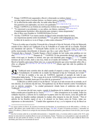 55
56

57

58

Porque YAHWEH está saqueando a Bavel y silenciando su ruidoso clamor –
sus olas rugen como el océano furioso, su clamor suena y resuena.[Is 47:5; Re 18:21-23]
Sí, la aflicción ha caído sobre ella, ha caído sobre Bavel. [Re 18:5; 19:2]
Sus guerreros son capturados, sus arcos son quebrados.[Is 21:2; Hab 2:8; Re 17:16]
Porque YAHWEH es un Elohim de retribución; Elohim los recompensa.[De 32:35; 2T 1:6]
"Yo intoxicaré a sus príncipes y a sus sabios, sus líderes, capitanes.[Nah 1:10; Re 18:6-7]
Completamente borrachos, ellos dormirán para siempre y nunca despertarán,"
dice el Rey, cuyo Nombre es YAHWEH-Elohim Tzevaot.
Así dice YAHWEH: "Los muros anchos de Bavel serán arrasados hasta la tierra,
sus majestuosas puertas serán incendiadas.[253] Las gentes están trabajando en vano,
la labor de la nación se va en el fuego, y todos están exhaustos."[Is 45:1-2; Sal 127:1]

59

Esta es la orden que el profeta Yirmeyah dio a Serayah el hijo de Neriyah, el hijo de Majseyah,
cuando él fue a Bavel con Tzidkiyah el rey de Yahudáh en el cuarto año de su reinado. Serayah
era intendente del ejérc ito. 60 Yirmeyah había escrito en un rollo aparte todas las palabras
arriba mencionadas describiendo el desastre que iba a caer sobre Bavel.[Da 12:4; Hab 2:2; Re 1;11] 61
Yirmeyah dijo a Serayah: "Cuando llegues a Bavel ocúpate de leer todas estas palabras en voz
alta.[Col 4:16; 1Ts 4:18; 5:27; Re 1:3 ] Después di: 62 'YAHWEH, Tú has prometido destruir este lugar, que
nadie vivirá aquí, ni hombre ni animal, sino que será desolado para siempre.'[Ex 12:24] 63 Cuando
termines de leer el rollo, átalo a una roca, tíralo en el medio del Eufrates,[254] 64 y di: 'Como ésta,
Bavel se hundirá, para nunca flotar otra vez, a causa del desastre que estoy trayendo sobre ella; y
ellos se afligirán.'"[Is 13:20; Nah 1:8; Job 31:40; Sal 72:20; Re 14:8;] (Hasta aquí han sido la s palabras de
Yirmeyah.)

52

1

Tzidkiyah tenía veintiún años de edad cuando él empezó a reinar y reinó por once años
en Yerushalayim. El nombre de su madre fue Hamutal la hija de Yirmeyah, de Livnah. [2R
24:18-19] 2
El hizo lo maldito a los ojos de YAHWEH, siguiendo el ejemplo de todo lo que
Yehoyakim había hecho. 3 Y fue a causa de la ira de YAHWEH que todas estas cosas sucedieron a
Yerushalayim y Yahudáh, hasta que El los echó de su presencia.[2Cr 36:12; Ez 17:16]
Tzidkiyah se rebeló contra el rey de Bavel; 4 así que en el año noveno de su reinado, en el
mes décimo, en el décimo día del mes, Nevujadretzar rey de Bavel marchó contra Yerushalayim
con su ejército completo. 5 La ciudad permaneció sitiada hasta el undécimo año del rey
Tzidkiyah. [Ez 17:1 5-21; 24:1]
6
En noveno día del mes cuarto, cuando la hambruna de la ciudad era tan severa que no
había comida para el pueblo de La Tierra,[De 28:52; Is 3:1 ] 7 ellos irrumpieron en la ciudad. Todos los
soldados huyeron y salieron de la ciudad por la puerta entre los dos muros, cerca del jardín del
rey, porque los Kasdim estaban rodeando la ciudad, ellos tomaron la ruta del Aravah. 8 Pero el
ejército de los Kasdim siguió al rey y lo alcanzó en los llanos cerca de Yerijo¸ todas sus
esperanzas se desvanecieron. 9 Cuando ellos agarraron al rey y se lo trajeron al rey de Bavel en
253

Los muros anchos de Bavel, de acuerdo al testimonio de Herodoto, la circunferencia era de 480 estadios, o 120 Km., su
espesor, 200 cúbitos, pero cuando Darío se hizo amo del lugar, 516 AEC, él quitó 110 puertas de bronce, y derrumbó sus
muros a 50 cúbitos; y ahora ni un vestigio de esta inmensa fortificación permanece, para marcar el sitio de ésta, ¡una vez gran
ciudad!
254
Esta fue la misma señal de su inevitable derrocamiento e irreparable ruina, y la misma señal es usada en Re 18:21, para
denotar la ruina total de la moderna Bavel, la cue va de demonios, Roma: "Entonces un malaj poderoso cogió una piedra del
tamaño de una gran piedra de molino y la lanzó al mar, diciendo: "¡Con violencia como ésta la gran ciudad de Bavel será
derribada, para nunca ser encontrada de nuevo!

 