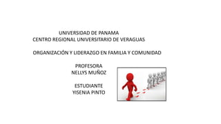 UNIVERSIDAD DE PANAMA
CENTRO REGIONAL UNIVERSITARIO DE VERAGUAS
ORGANIZACIÓN Y LIDERAZGO EN FAMILIA Y COMUNIDAD
PROFESORA
NELLYS MUÑOZ
ESTUDIANTE
YISENIA PINTO
 