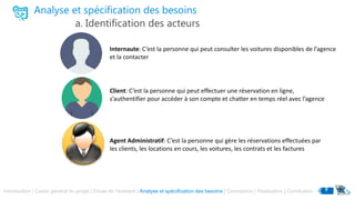 Analyse et spécification des besoins
a. Identification des acteurs
Internaute: C’est la personne qui peut consulter les voitures disponibles de l’agence
et la contacter
Client: C’est la personne qui peut effectuer une réservation en ligne,
s’authentifier pour accéder à son compte et chatter en temps réel avec l’agence
Agent Administratif: C’est la personne qui gère les réservations effectuées par
les clients, les locations en cours, les voitures, les contrats et les factures
Introduction | Cadre général du projet | Etude de l’existant | Analyse et spécification des besoins | Conception | Réalisation | Conclusion 9
 