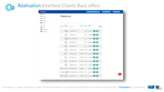 Introduction | Cadre général du projet | Etude de l’existant | Analyse et spécification des besoins | Conception | Réalisation | Conclusion 31
Réalisation Interface Clients Back office
 