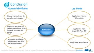 Aspects bénéfiques
Introduction | Cadre général du projet | Etude de l’existant | Analyse et spécification des besoins | Conception | Réalisation | Conclusion 33
Les limites
Conclusion
Découvrir et maitriser des
nouvelles technologies
Améliorer nos capacités
de se communiquer et du
travailler au sein d'une
équipe
une opportunité pour
s’intégrer au sein de la
vie professionnelle
Application internet
dépendante
Conclusion
Application Non
disponible Pour IOS
Application Mono langue
 