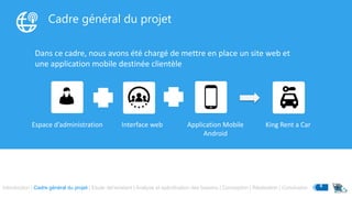 Cadre général du projet
Dans ce cadre, nous avons été chargé de mettre en place un site web et
une application mobile destinée clientèle
Introduction | Cadre général du projet | Etude del’existant | Analyse et spécification des besoins | Conception | Réalisation | Conclusion 4
Interface web Application Mobile
Android
Espace d’administration King Rent a Car
 