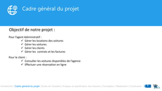 Cadre général du projet
Objectif de notre projet :
Pour l’agent Administratif :
 Gérer les locations des voitures
 Gérer les voitures
 Gérer les clients
 Gérer les contrats et les factures
Pour le client :
 Consulter les voitures disponibles de l’agence
 Effectuer une réservation en ligne
Introduction | Cadre général du projet | Etude de l’existant | Analyse et spécification des besoins | Conception | Réalisation | Conclusion 6
 