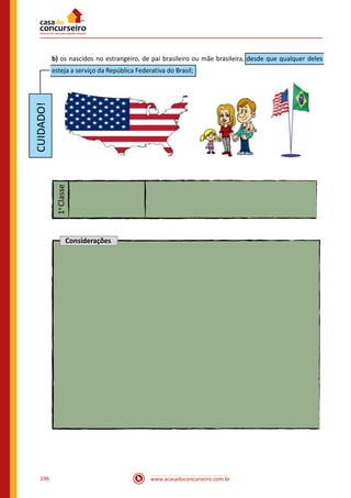 www.acasadoconcurseiro.com.br196
b) os nascidos no estrangeiro, de pai brasileiro ou mãe brasileira, desde que qualquer deles
esteja a serviço da República Federativa do Brasil;
   
1a
Classe
Considerações
 