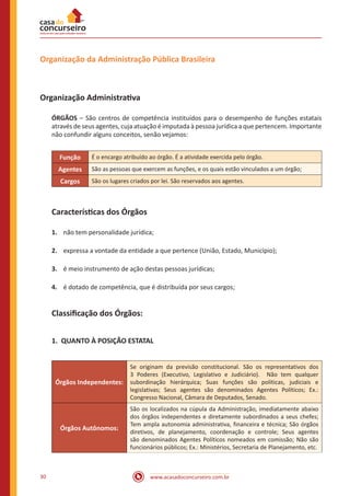 www.acasadoconcurseiro.com.br30
Organização da Administração Pública Brasileira
Organização Administrativa
ÓRGÃOS – São centros de competência instituídos para o desempenho de funções estatais
através de seus agentes, cuja atuação é imputada à pessoa jurídica a que pertencem. Importante
não confundir alguns conceitos, senão vejamos:
Função É o encargo atribuído ao órgão. É a atividade exercida pelo órgão.
Agentes São as pessoas que exercem as funções, e os quais estão vinculados a um órgão;
Cargos São os lugares criados por lei. São reservados aos agentes.
Características dos Órgãos
1.	 não tem personalidade jurídica;
2.	 expressa a vontade da entidade a que pertence (União, Estado, Município);
3.	 é meio instrumento de ação destas pessoas jurídicas;
4.	 é dotado de competência, que é distribuída por seus cargos;
Classificação dos Órgãos:
1.	 QUANTO À POSIÇÃO ESTATAL
Órgãos Independentes:
Se originam da previsão constitucional. São os representativos dos
3 Poderes (Executivo, Legislativo e Judiciário).  Não tem qualquer
subordinação hierárquica; Suas funções são políticas, judiciais e
legislativas; Seus agentes são denominados Agentes Políticos; Ex.:
Congresso Nacional, Câmara de Deputados, Senado.
Órgãos Autônomos:
São os localizados na cúpula da Administração, imediatamente abaixo
dos órgãos independentes e diretamente subordinados a seus chefes;
Tem ampla autonomia administrativa, financeira e técnica; São órgãos
diretivos, de planejamento, coordenação e controle; Seus agentes
são denominados Agentes Políticos nomeados em comissão; Não são
funcionários públicos; Ex.: Ministérios, Secretaria de Planejamento, etc.
 