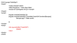 <html ng-app='todoApp'>
<head>
<meta charset='utf-8'>
<title>AngularJs - ToDo App</title>
<script src='js/angular.min.js'></script>
</head>
<script>
angular.module('todoApp',[]);
angular.module('todoApp').controller('mainCtrl',function($scope){
$scope.app = ‘Hello world’;
});
</script>
<body>
<div ng-controller="mainCtrl">
{{app}}
</div>
</body>
</html>
 