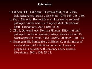 ReferencesReferences
1. Fabricant CG, Fabricant J, Litrenta MM, et al. Virus-
induced atherosclerosis. J Exp Med. 1978; 148: 335–340.
2. Zhu J, Nieto FJ, Horne BD, et al. Prospective study of
pathogen burden and risk of myocardial infarction or
death. Circulation. 2001; 103: 45–51.
3. Zhu J, Quyyumi AA, Norman JE, et al. Effects of total
pathogen burden on coronary artery disease risk and C-
reactive protein levels. Am J Cardiol. 2000; 85: 140–146
4. Rupprecht HJ, Blankenberg S, Bickel C, et al. Impact of
viral and bacterial infectious burden on long-term
prognosis in patients with coronary artery disease.
Circulation. 2001; 104: 25–31.
 