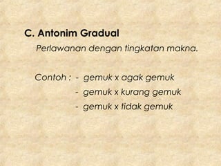 C. Antonim Gradual
Perlawanan dengan tingkatan makna.
Contoh : - gemuk x agak gemuk
- gemuk x kurang gemuk
- gemuk x tidak gemuk
 
