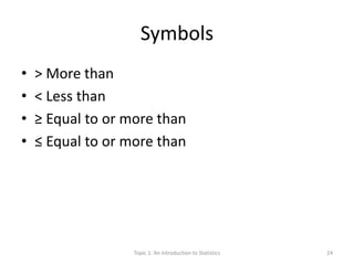 Symbols
• > More than
• < Less than
• ≥ Equal to or more than
• ≤ Equal to or more than
Topic 1: An Introduction to Statistics 24
 