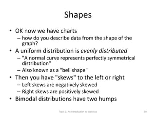 Shapes
• OK now we have charts
– how do you describe data from the shape of the
graph?
• A uniform distribution is evenly distributed
– "A normal curve represents perfectly symmetrical
distribution"
– Also known as a "bell shape"
• Then you have "skews" to the left or right
– Left skews are negatively skewed
– Right skews are positively skewed
• Bimodal distributions have two humps
Topic 1: An Introduction to Statistics 39
 
