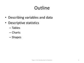 Outline
• Describing variables and data
• Descriptive statistics
– Tables
– Charts
– Shapes
Topic 1: An Introduction to Statistics 4
 