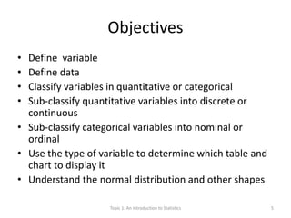 Objectives
• Define variable
• Define data
• Classify variables in quantitative or categorical
• Sub-classify quantitative variables into discrete or
continuous
• Sub-classify categorical variables into nominal or
ordinal
• Use the type of variable to determine which table and
chart to display it
• Understand the normal distribution and other shapes
Topic 1: An Introduction to Statistics 5
 