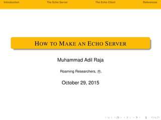 Introduction The Echo Server The Echo Client References
HOW TO MAKE AN ECHO SERVER
Muhammad Adil Raja
Roaming Researchers, R .
November 7, 2015
 