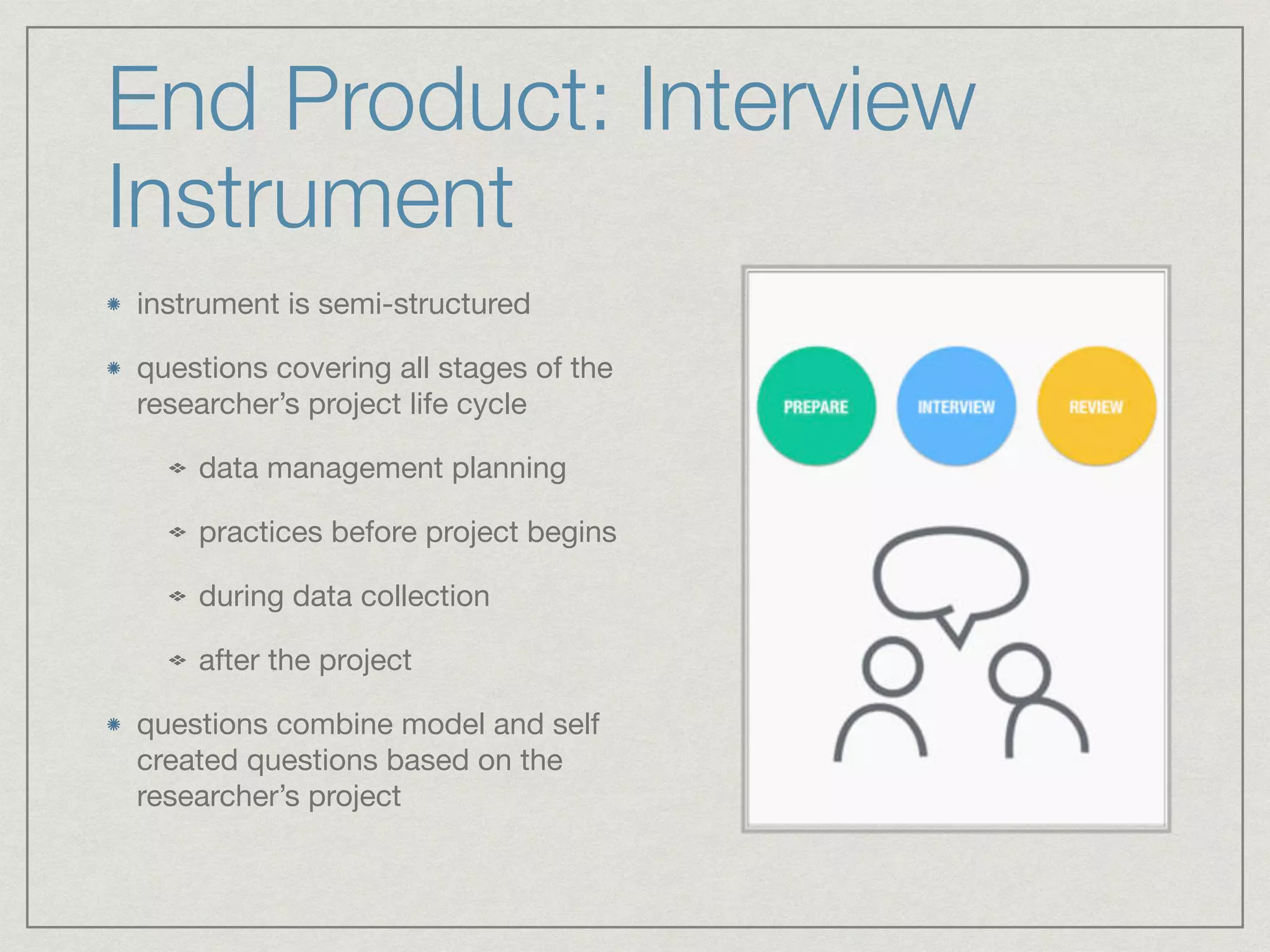 End Product: Interview
Instrument
instrument is semi-structured

questions covering all stages of the
researcher’s project life cycle

data management planning

practices before project begins

during data collection

after the project

questions combine model and self
created questions based on the
researcher’s project
 