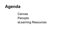 Agenda
Canvas
Panopto
eLearning Resources
 