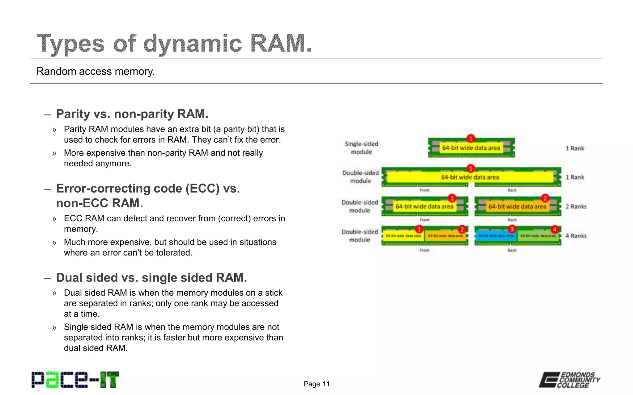 Page 11
– Parity vs. non-parity RAM.
» Parity RAM modules have an extra bit (a parity bit) that is
used to check for errors in RAM. They can’t fix the error.
» More expensive than non-parity RAM and not really
needed anymore.
– Error-correcting code (ECC) vs.
non-ECC RAM.
» ECC RAM can detect and recover from (correct) errors in
memory.
» Much more expensive, but should be used in situations
where an error can’t be tolerated.
– Dual sided vs. single sided RAM.
» Dual sided RAM is when the memory modules on a stick
are separated in ranks; only one rank may be accessed
at a time.
» Single sided RAM is when the memory modules are not
separated into ranks; it is faster but more expensive than
dual sided RAM.
Random access memory.
 