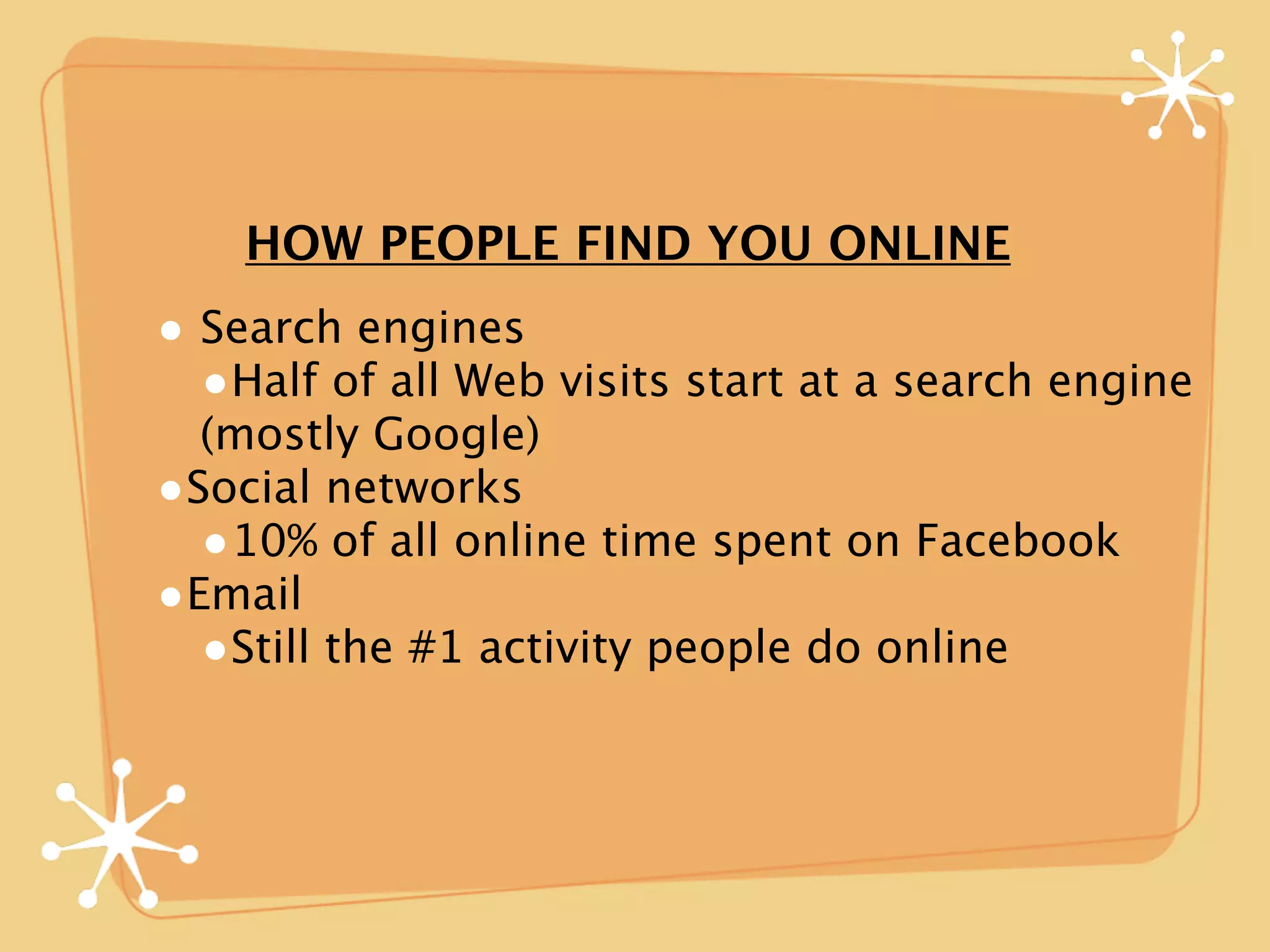 HOW PEOPLE FIND YOU ONLINE
• Search engines
  •Half of all Web visits start at a search engine
  (mostly Google)
•Social networks
  •10% of all online time spent on Facebook
•Email
  •Still the #1 activity people do online
 