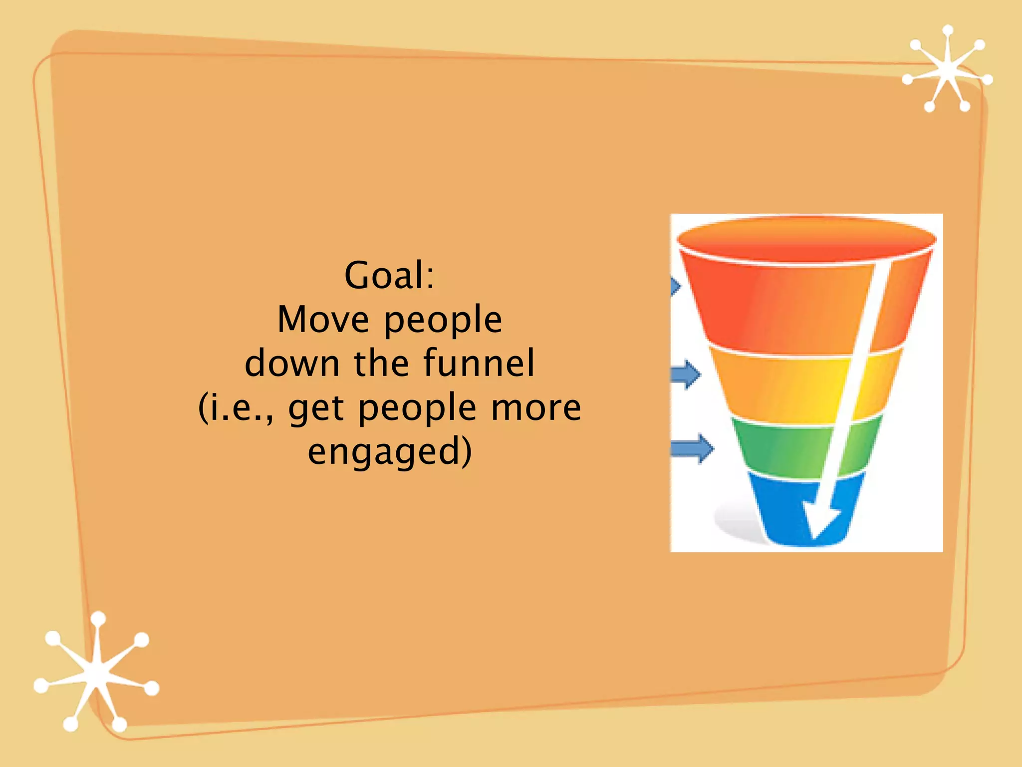 Goal:
      Move people
    down the funnel
(i.e., get people more
        engaged)
 