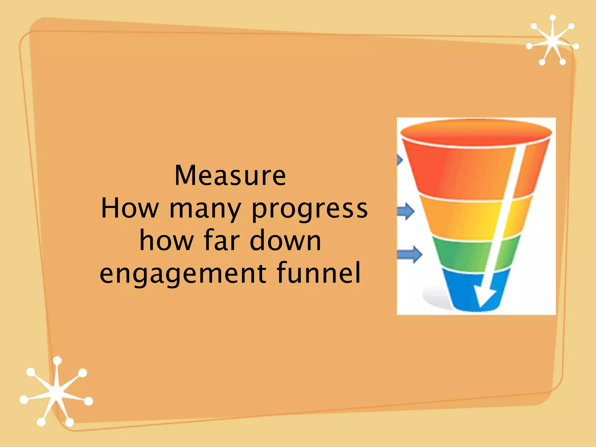 Measure
How many progress
  how far down
engagement funnel
 