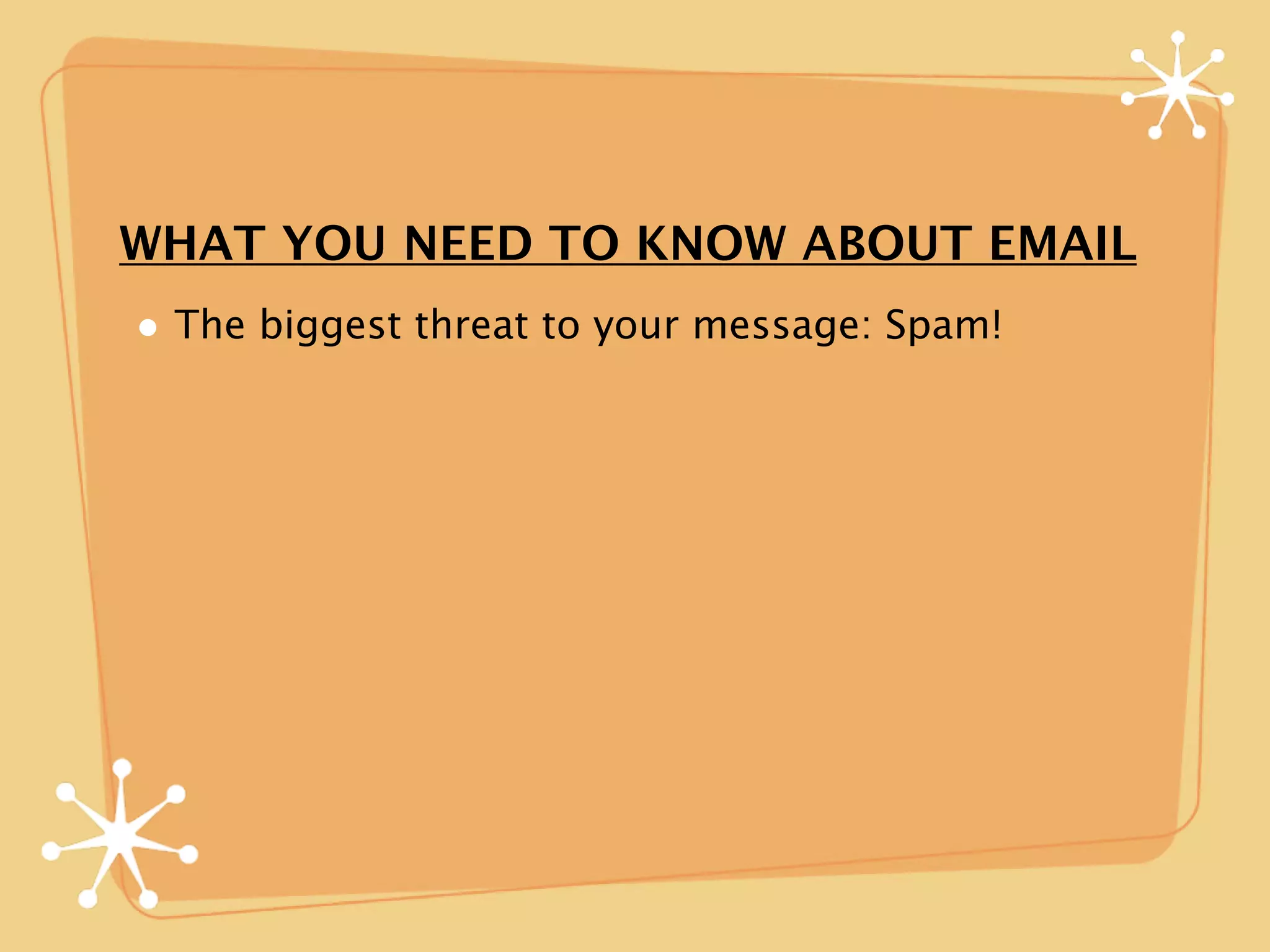 WHAT YOU NEED TO KNOW ABOUT EMAIL
• The biggest threat to your message: Spam!
 