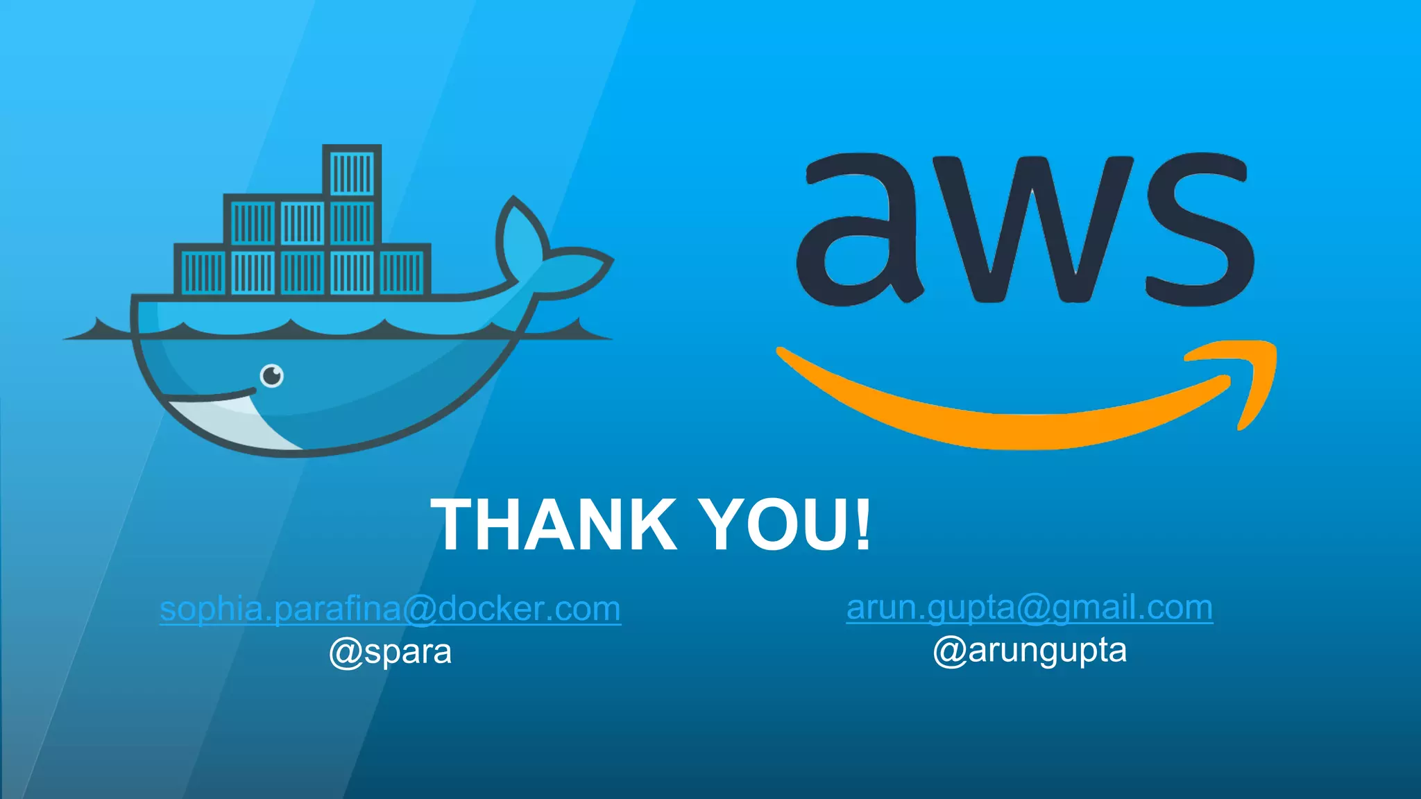 THANK YOU! arun.gupta@gmail.com @arungupta sophia.parafina@docker.com @spara 