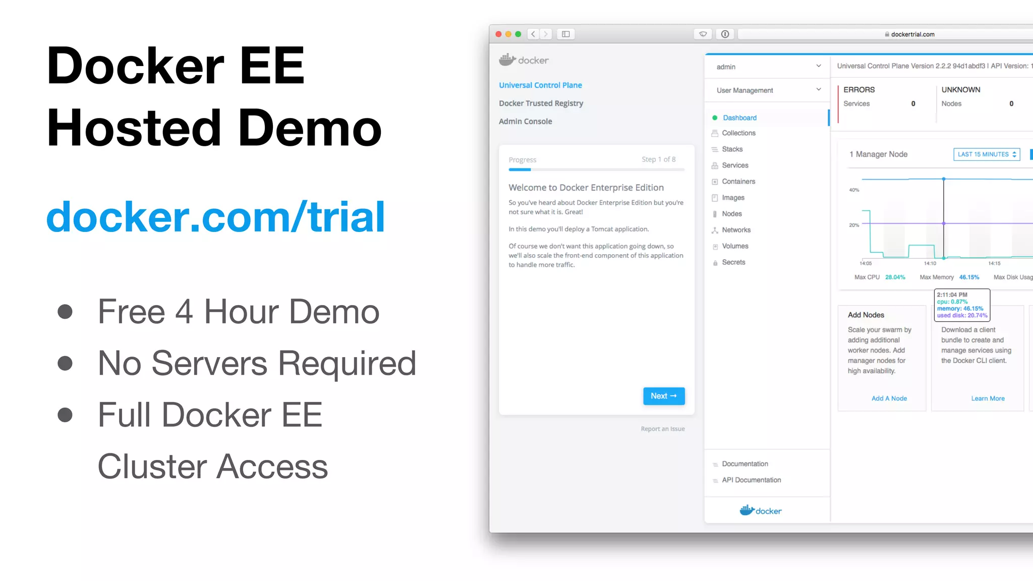 Docker EE Hosted Demo ● Free 4 Hour Demo ● No Servers Required ● Full Docker EE Cluster Access docker.com/trial 