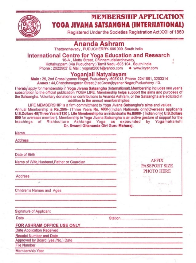 Membership form for Yoga Jivana Satsangha International (Yoga Life)