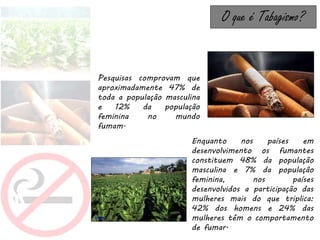 Tabagismo
Disciplina: Ciências Naturais
Colégio Conciliar de Maria Imaculada
O que é Tabagismo?
O tabagismo é
considerado pela Organização
Mundial da Saúde (OMS) a
principal causa de morte
evitável em todo o mundo. A
OMS estima que um terço da
população mundial adulta, isto
é, 1 bilhão e 200 milhões de
pessoas (entre as quais 200
milhões de mulheres), sejam
fumadores.
 