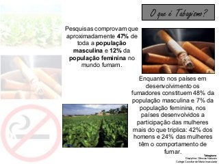Tabagismo
Disciplina: Ciências Naturais
Colégio Conciliar de Maria Imaculada
O que é Tabagismo?
Pesquisas comprovam que
aproximadamente 47% de
toda a população
masculina e 12% da
população feminina no
mundo fumam.
Enquanto nos países em
desenvolvimento os
fumadores constituem 48% da
população masculina e 7% da
população feminina, nos
países desenvolvidos a
participação das mulheres
mais do que triplica: 42% dos
homens e 24% das mulheres
têm o comportamento de
fumar.
 