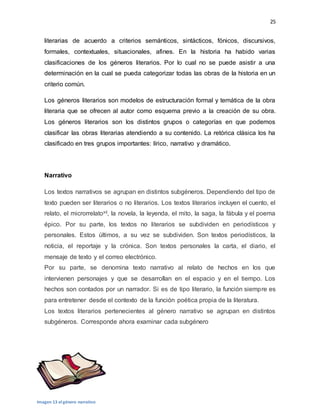 25
literarias de acuerdo a criterios semánticos, sintácticos, fónicos, discursivos,
formales, contextuales, situacionales, afines. En la historia ha habido varias
clasificaciones de los géneros literarios. Por lo cual no se puede asistir a una
determinación en la cual se pueda categorizar todas las obras de la historia en un
criterio común.
Los géneros literarios son modelos de estructuración formal y temática de la obra
literaria que se ofrecen al autor como esquema previo a la creación de su obra.
Los géneros literarios son los distintos grupos o categorías en que podemos
clasificar las obras literarias atendiendo a su contenido. La retórica clásica los ha
clasificado en tres grupos importantes: lírico, narrativo y dramático.
Narrativo
Los textos narrativos se agrupan en distintos subgéneros. Dependiendo del tipo de
texto pueden ser literarios o no literarios. Los textos literarios incluyen el cuento, el
relato, el microrrelatoxii, la novela, la leyenda, el mito, la saga, la fábula y el poema
épico. Por su parte, los textos no literarios se subdividen en periodísticos y
personales. Estos últimos, a su vez se subdividen. Son textos periodísticos, la
noticia, el reportaje y la crónica. Son textos personales la carta, el diario, el
mensaje de texto y el correo electrónico.
Por su parte, se denomina texto narrativo al relato de hechos en los que
intervienen personajes y que se desarrollan en el espacio y en el tiempo. Los
hechos son contados por un narrador. Si es de tipo literario, la función siempre es
para entretener desde el contexto de la función poética propia de la literatura.
Los textos literarios pertenecientes al género narrativo se agrupan en distintos
subgéneros. Corresponde ahora examinar cada subgénero
Imagen 13 el género narrativo
 