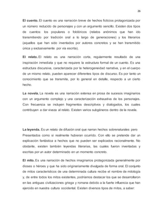 26
El cuento. El cuento es una narración breve de hechos ficticios protagonizada por
un número reducido de personajes y con un argumento sencillo. Existen dos tipos
de cuentos: los populares o folclóricos (relatos anónimos que han ido
transmitiendo por tradición oral a lo largo de generaciones) y los literarios
(aquellos que han sido inventados por autores concretos y se han transmitido
única y exclusivamente por vía escrita).
El relato. El relato es una narración corta, regularmente resultado de una
inspiración inmediata y que no requiere la estructura formal de un cuento. Es una
estructura discursiva, caracterizada por la heterogeneidad narrativa, y en el cuerpo
de un mismo relato, pueden aparecer diferentes tipos de discurso. Es por tanto un
conocimiento que se transmite, por lo general en detalle, respecto a un cierto
hecho.
La novela. La novela es una narración extensa en prosa de sucesos imaginarios
con un argumento complejo y una caracterización exhaustiva de los personajes.
Con frecuencia se incluyen fragmentos descriptivos y dialogados, los cuales
contribuyen a dar viveza al relato. Existen varios subgéneros dentro de la novela.
La leyenda. Es un relato de difusión oral que narran hechos sobrenaturales pero
Presentados como si realmente hubieran ocurrido. Con ello se pretende dar un
explicación fantástica a hechos que no pueden ser explicados racionalmente. No
obstante, existen también leyendas literarias, las cuales fueron inventadas y
escritas por un autor determinado en un momento concreto.
El mito. Es una narración de hechos imaginarios protagonizada generalmente por
dioses o héroes y que ha sido originariamente divulgada de forma oral. El conjunto
de mitos característicos de una determinada cultura recibe el nombre de mitología
y, de entre todos los mitos existentes, podríamos destacar los que se desarrollaron
en las antiguas civilizaciones griega y romana debido a la fuerte influencia que han
ejercido en nuestra cultura occidental. Existen diversos tipos de mitos, a saber:
 